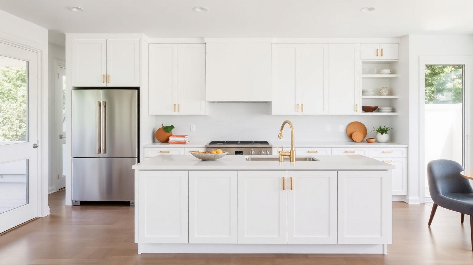 White shaker kitchen with brass hardware in Silver Lake